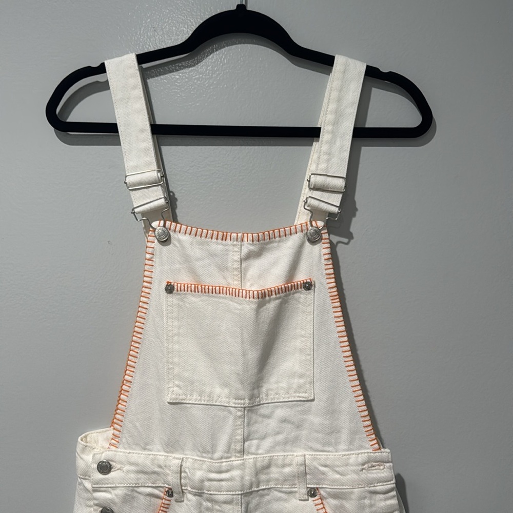 Zara Women's Overalls  Summer Travel  Denim Dungarees Ecru With Topstitching - Picture 3 of 9